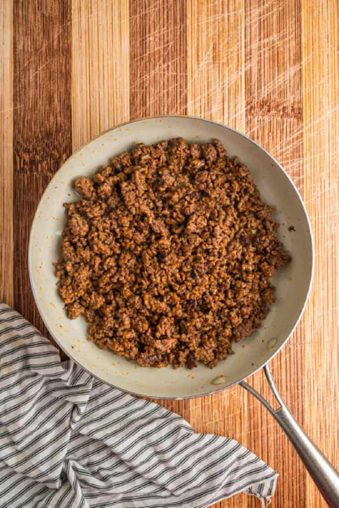Seasoned ground beef cooked and ready for assembling Crunchwraps