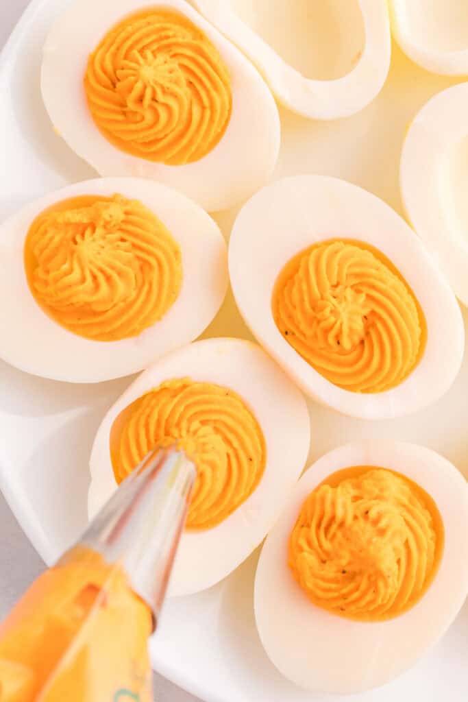 Orange deviled egg filling being piped into hard-boiled egg whites with a star tip.