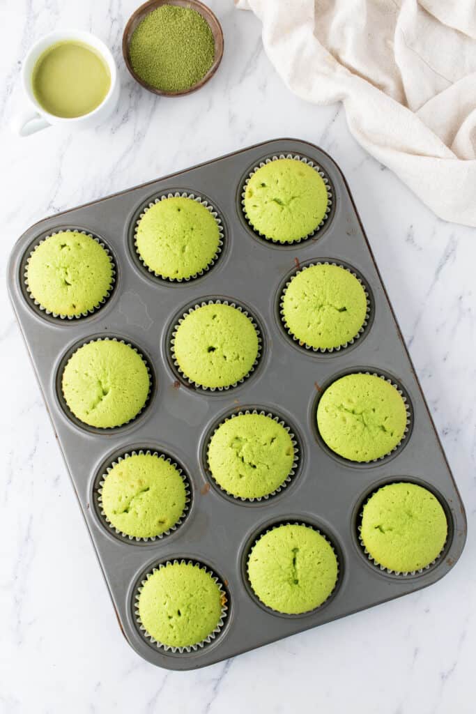 Freshly baked green Matcha Cupcakes cooling in a cupcake pan