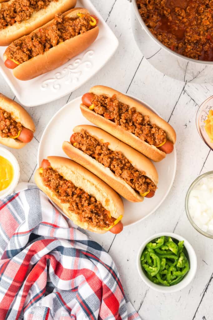 Hot dogs topped with homemade ground beef chili
