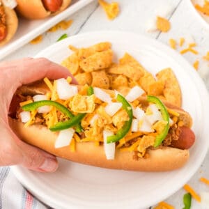 Hand holding a Texas Chili Dog topped with beef chili, cheddar cheese, onions, jalapeños, and crunchy corn chips