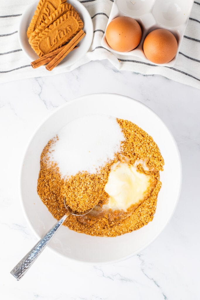 Biscoff cookie crumbs combined with granulated sugar and melted butter in a mixing bowl.