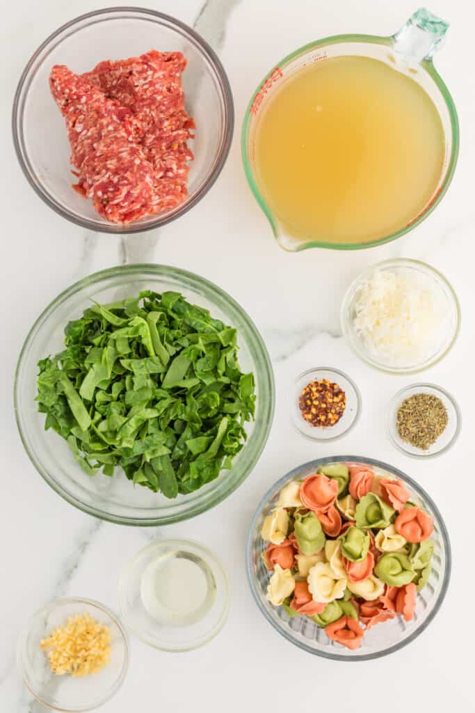 Ingredients for One-Pot Sausage Tortellini Soup arranged in bowls, including Italian sausage, tortellini, spinach, broth, garlic, seasonings, and Parmesan.