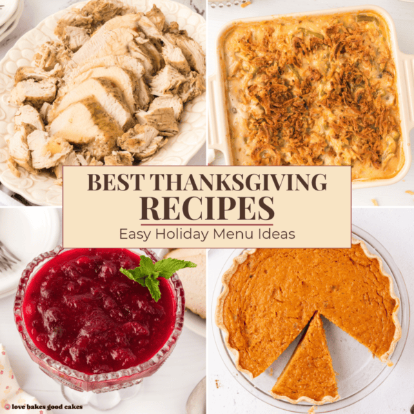 Best Thanksgiving recipes collage featuring turkey breast, green bean casserole, cranberry sauce, and pumpkin pie.