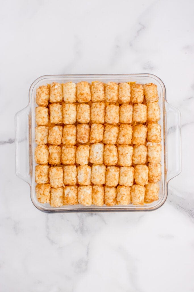 Frozen tater tots arranged in a single layer over the cheese and ground beef filling.