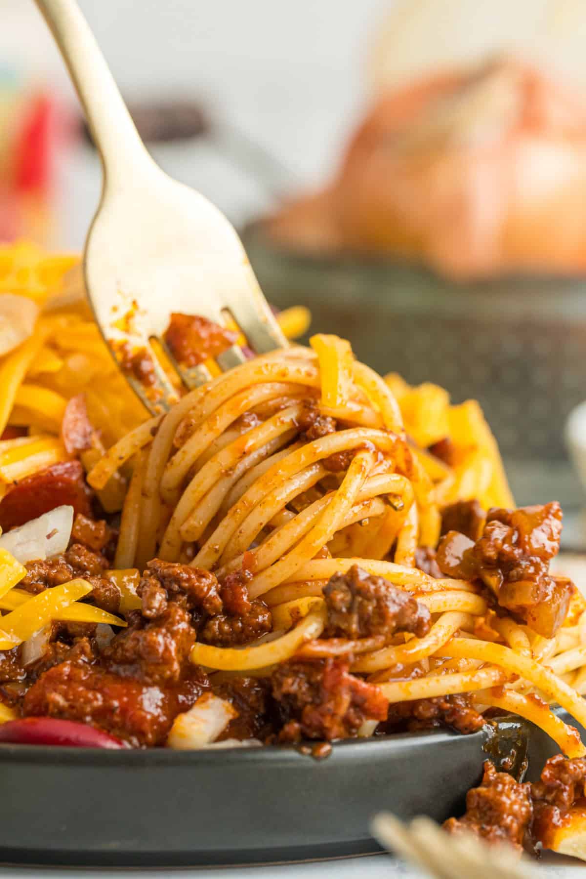 Finished Cincinnati chili over spaghetti ready to serve