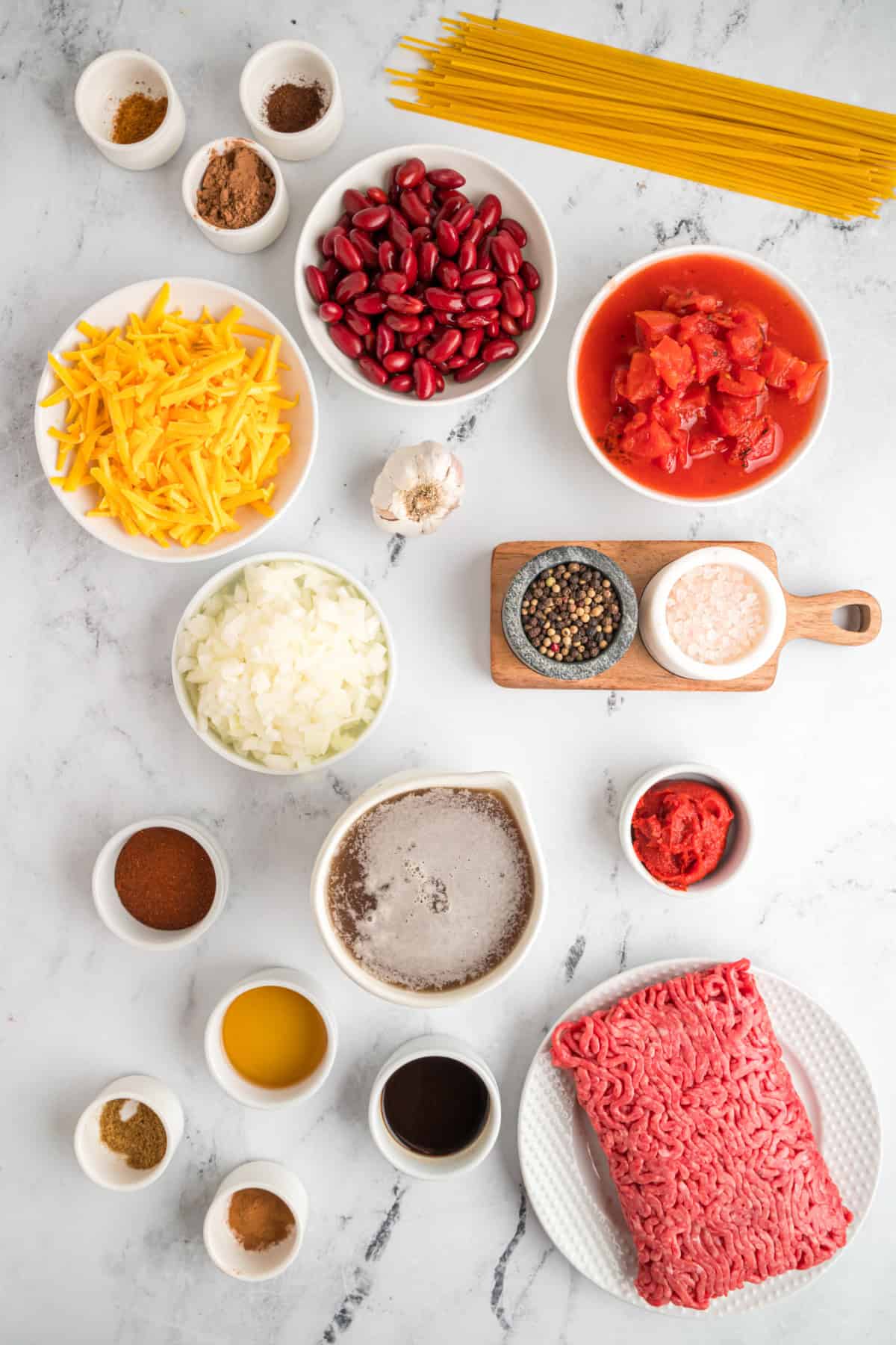Ingredients arranged for homemade Cincinnati chili