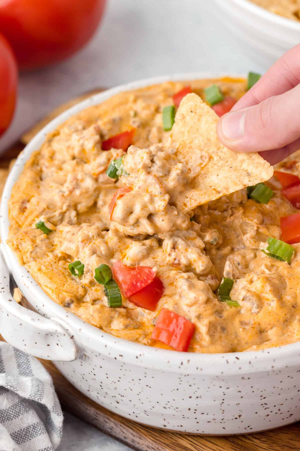 Cheesy Hamburger Dip ready to serve.