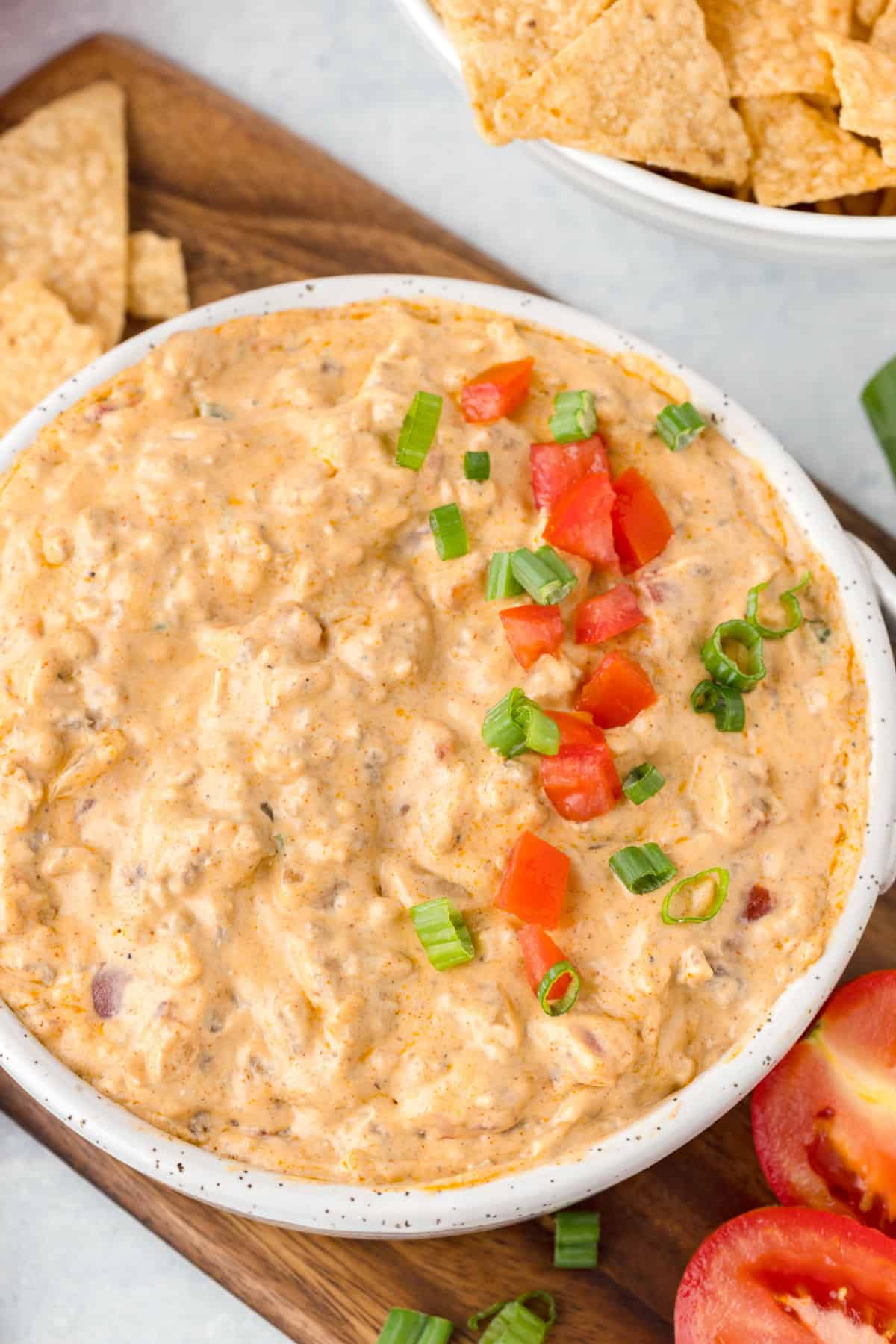 Finished creamy Hamburger Dip before the printable recipe card.