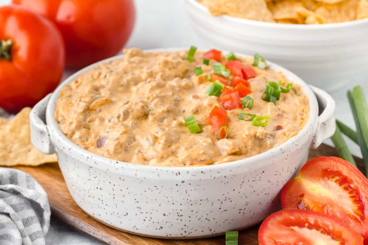Hamburger Dip in a serving bowl with chips.