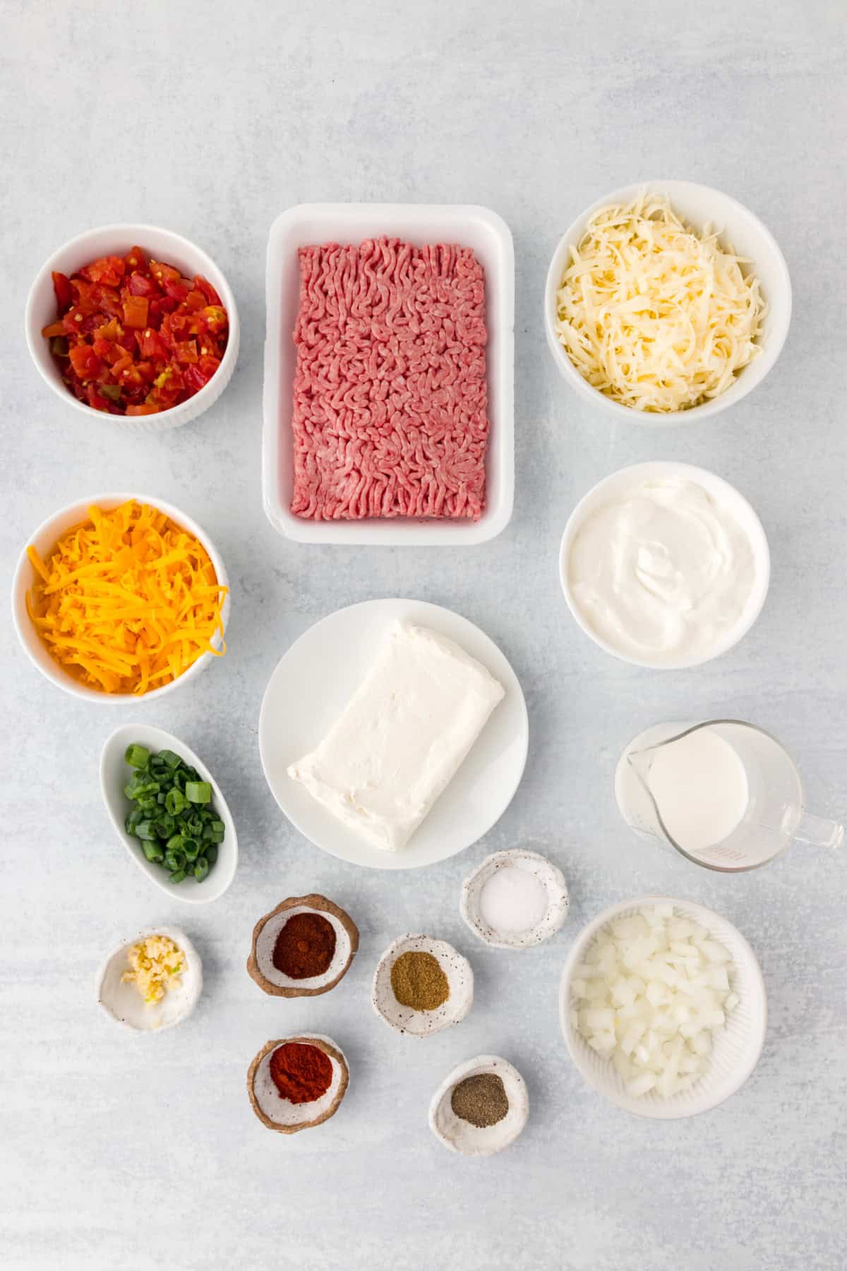 Ingredients for Hamburger Dip arranged before cooking.