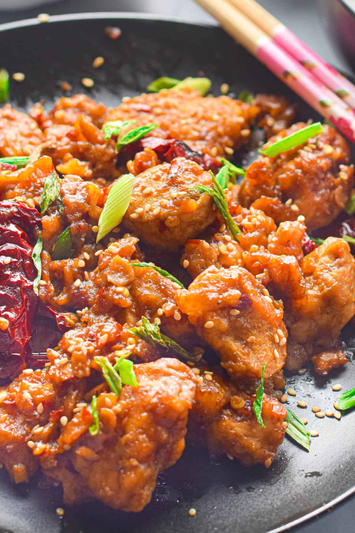 Close-up of finished General Tso chicken
