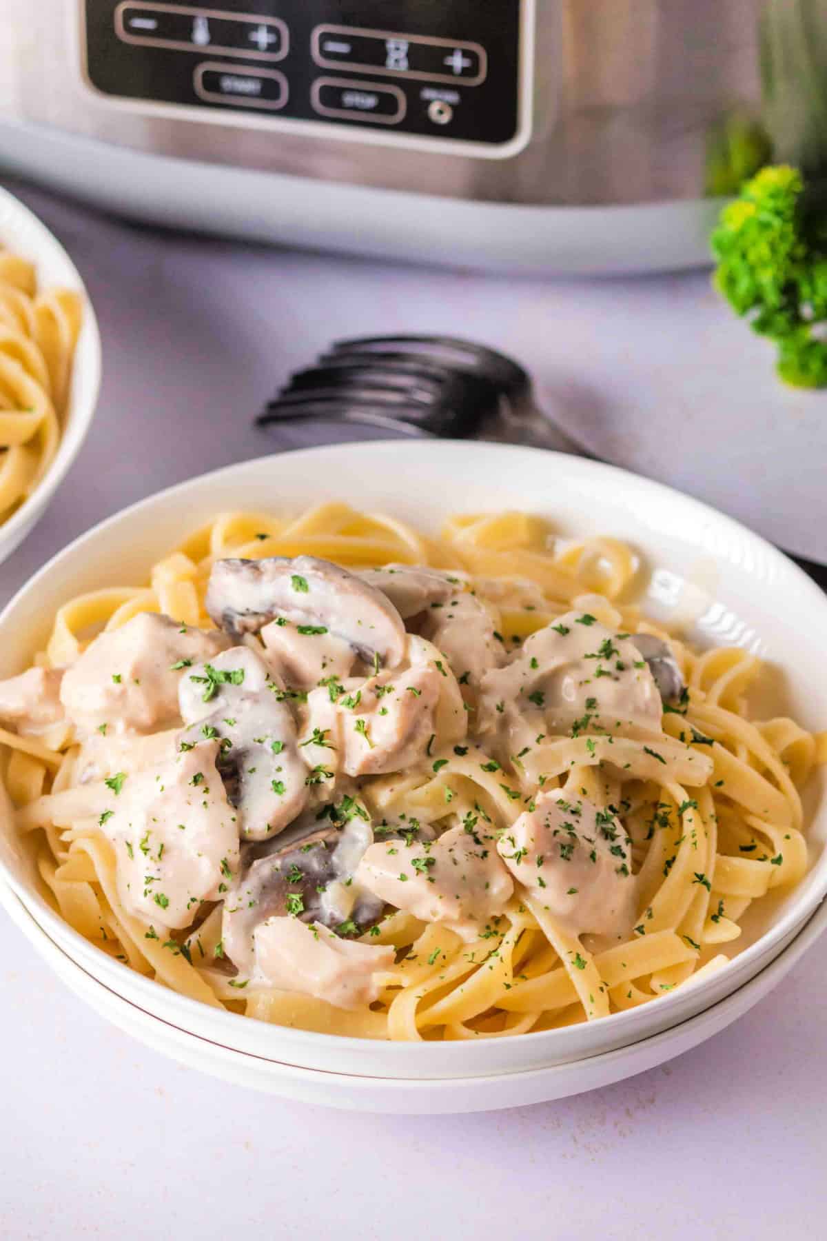 Creamy slow cooker chicken stroganoff ready to serve