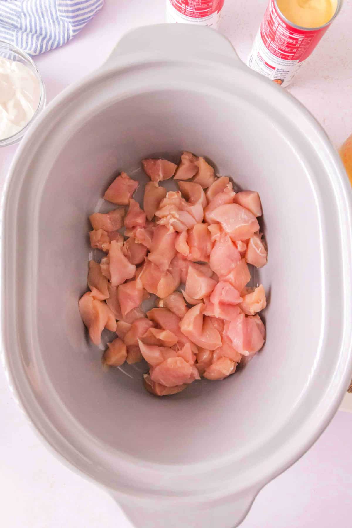 Step 1 for making slow cooker chicken stroganoff