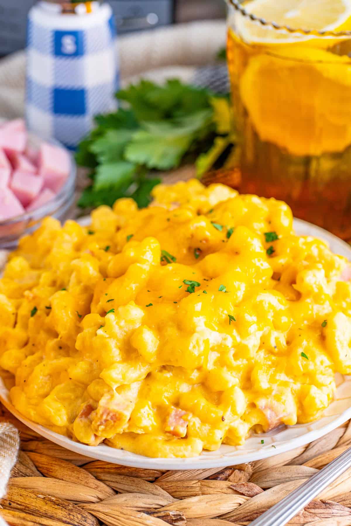 Creamy slow cooker ham mac and cheese ready to serve.