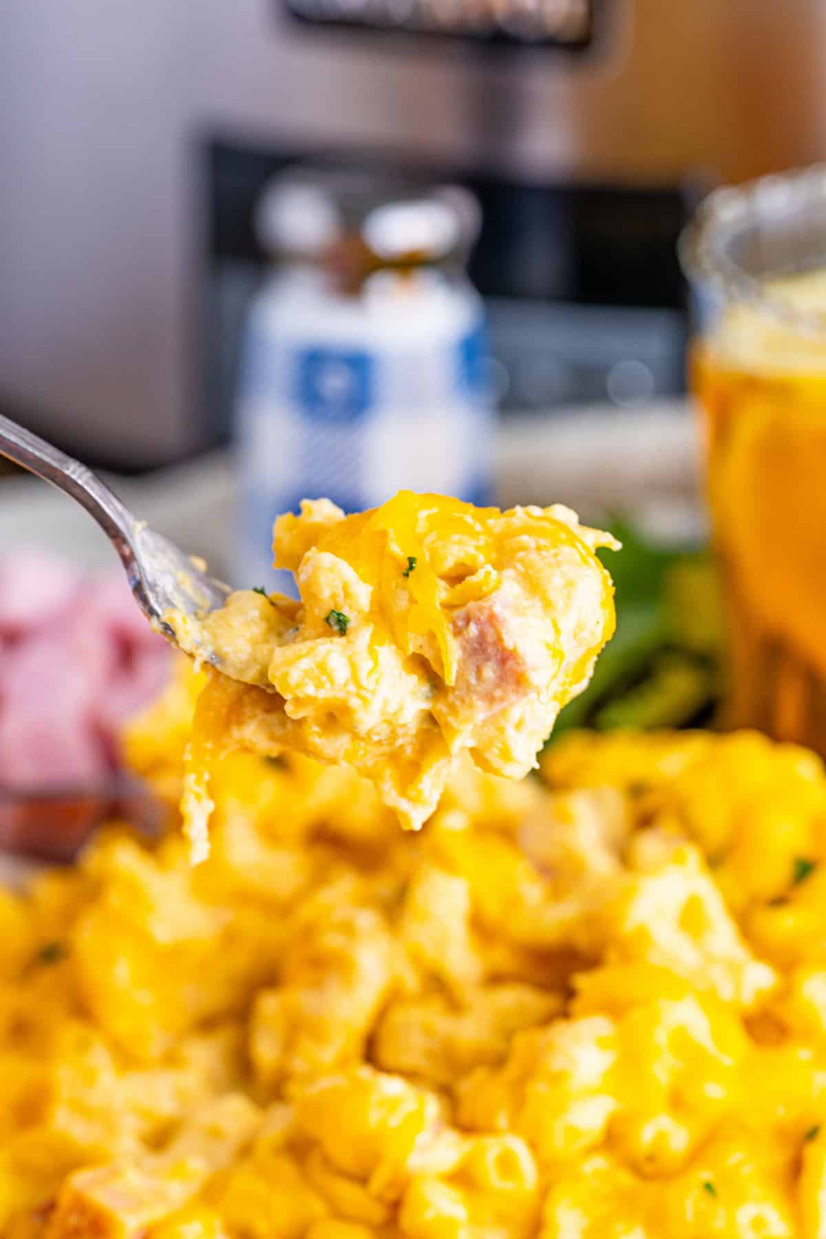 Finished slow cooker ham mac and cheese with tender elbow macaroni.
