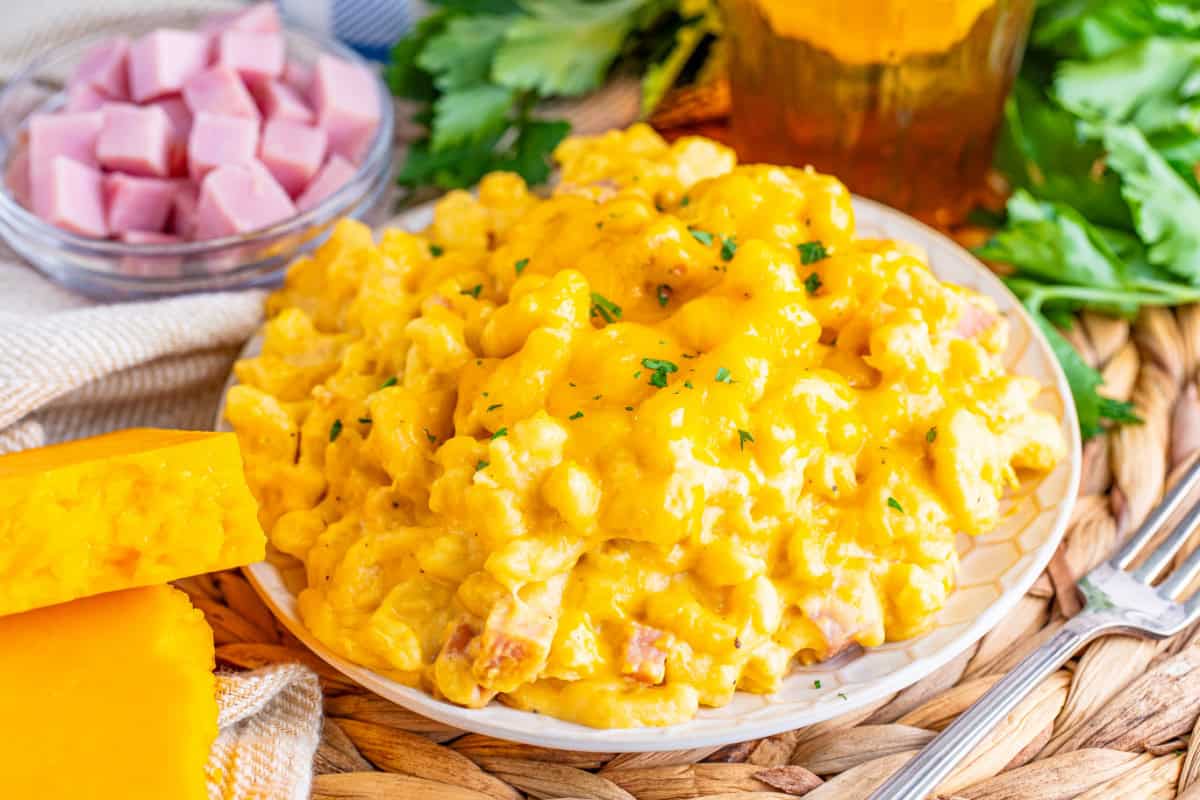 Creamy ham macaroni and cheese with melted cheddar.
