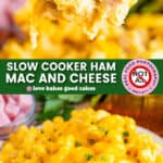 Pinterest recipe graphic for slow cooker ham mac and cheese.