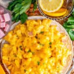 Pinterest graphic featuring slow cooker ham mac and cheese.