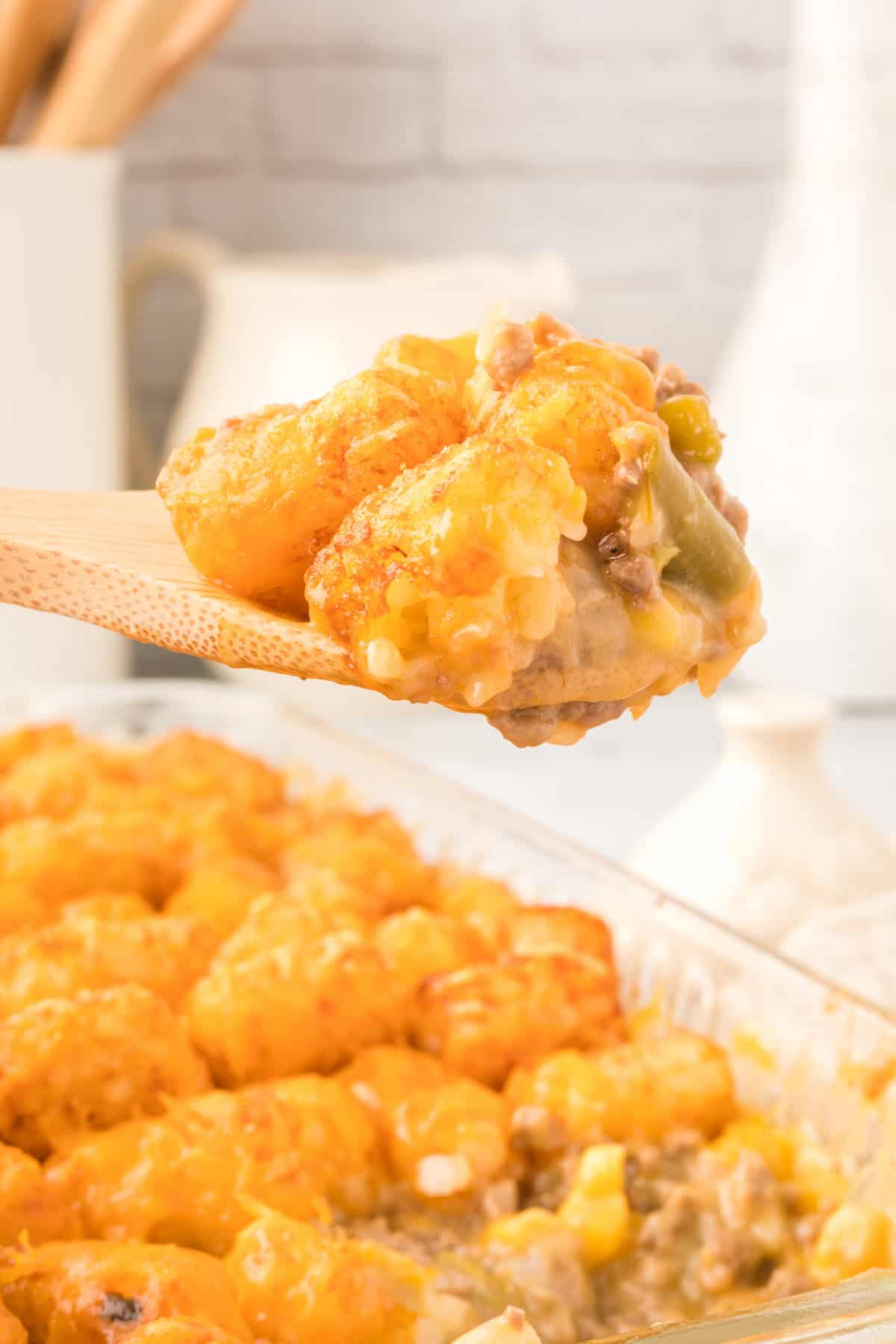 Serving of cheesy tater tot casserole
