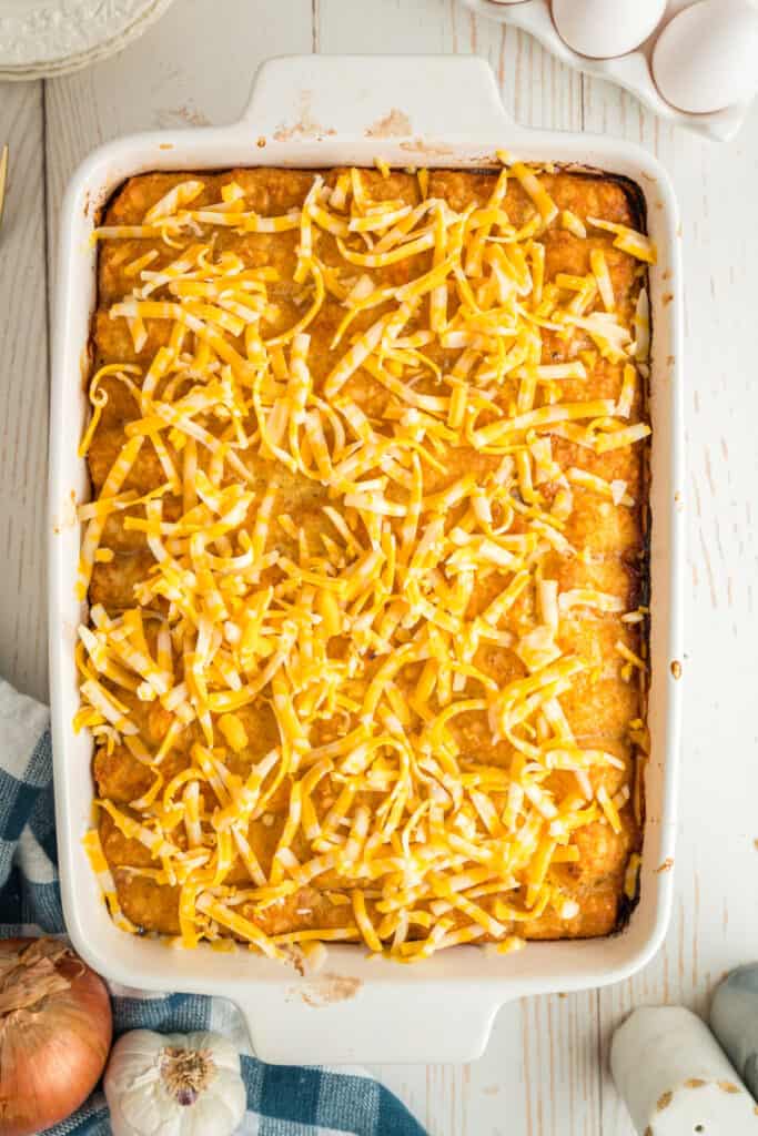 Shredded Colby Jack cheese added over baked tater tots.